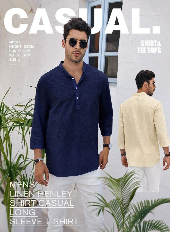 Ryannology Mens Linen Shirts Henley 3/4 Sleeve Casual Cotton T-Shirt Regular-Fit Lightweight Beach Yoga Tunic Tops - Image 3